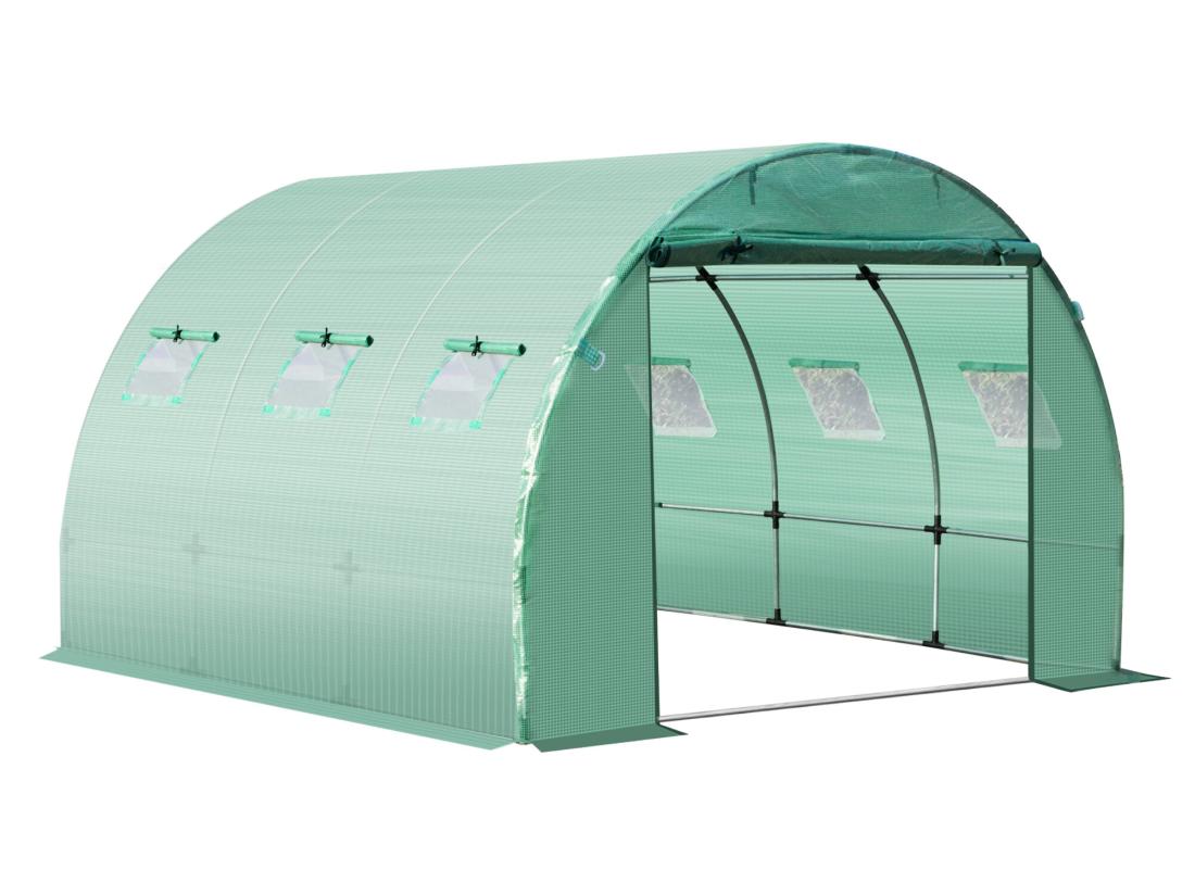 Vente Unique Bâche De Rechange Serre Tunnel 9 M² Bâche Dim. 3L X 3l X 2H M PE Anti-UV Imperméable 6 Fenêtres + Porte Enroulable Zippée Vert