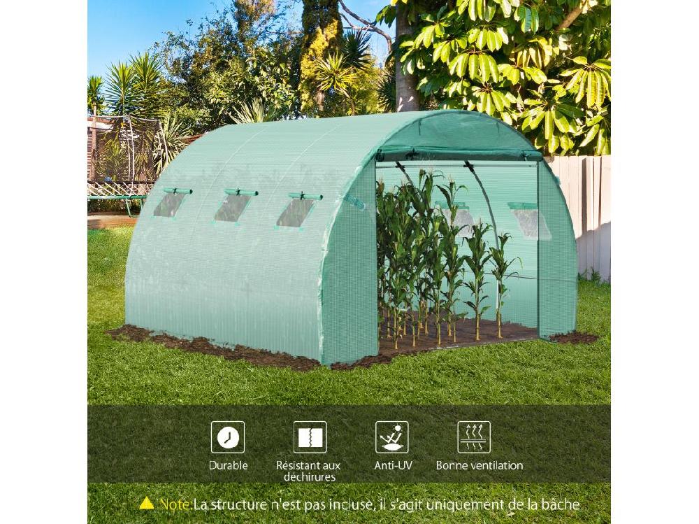 vente unique Bâche de rechange serre tunnel 9 m² bâche dim. 3L x 3l x 2H m PE anti-UV imperméable 6 fenêtres + porte enroulable zippée vert
