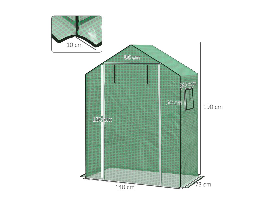 Vente Unique Bâche De Remplacement Serre De Jardin Dim. 140L X 73l X 190H Cm - 2 Fenêtres Porte Zippée Enroulable - PE Anti-UV Imperméable Vert