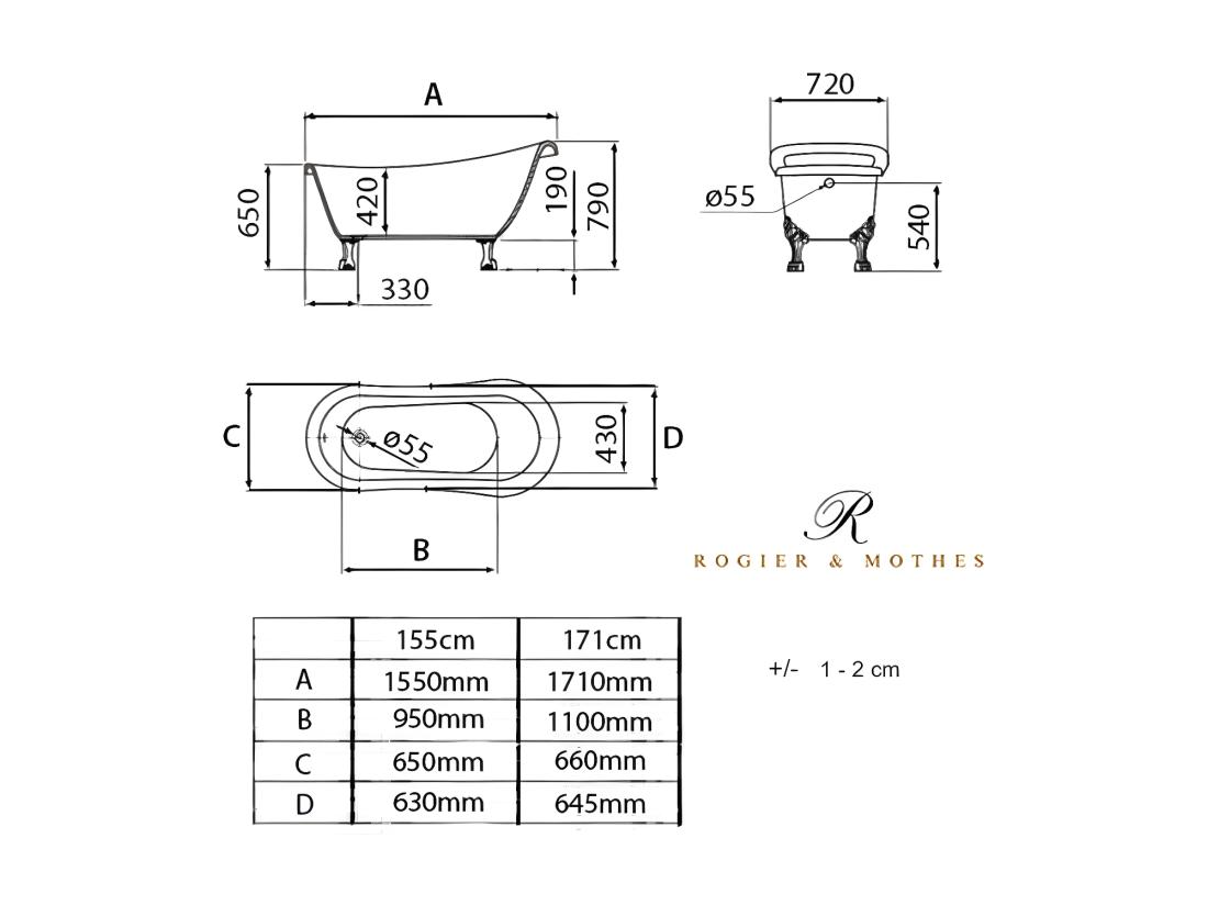 Vente Unique Baignoire Ancienne Rétro Sur Pieds RICHMOND Blanche 155 Cm Pieds De Lion Noirs