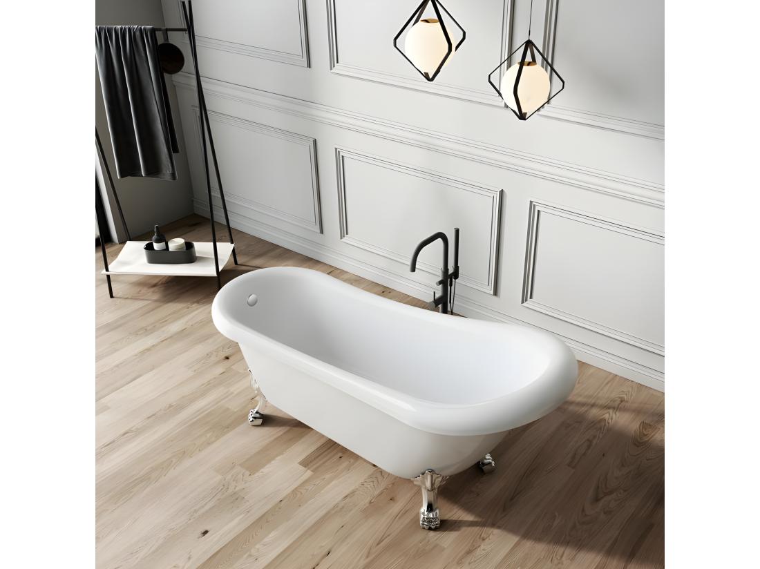 Vente Unique Baignoire Ancienne Rétro Sur Pieds RICHMOND Blanche 155 Cm Pieds De Lion Noirs