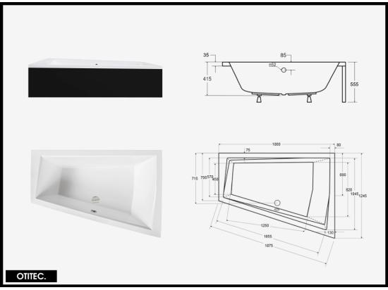 Vente Unique Baignoire Asymétrique Avec Tablier Noir - 180 X 125 Cm - DROITE - INTIMA DUO - 2 REPOSE-TÊTES OFFERTS