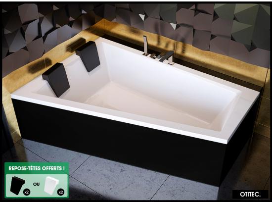 Vente Unique Baignoire Asymétrique Avec Tablier Noir - 180 X 125 Cm - GAUCHE - INTIMA DUO - 2 REPOSE-TÊTES OFFERTS