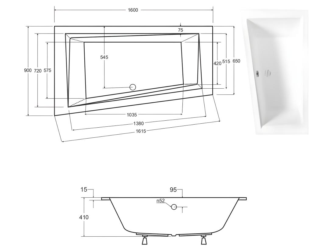 Vente Unique Baignoire Asymétrique Blanche Encastrée + Repose Tête - INTIMA SLIM - 160 X 90 Cm - Gauche
