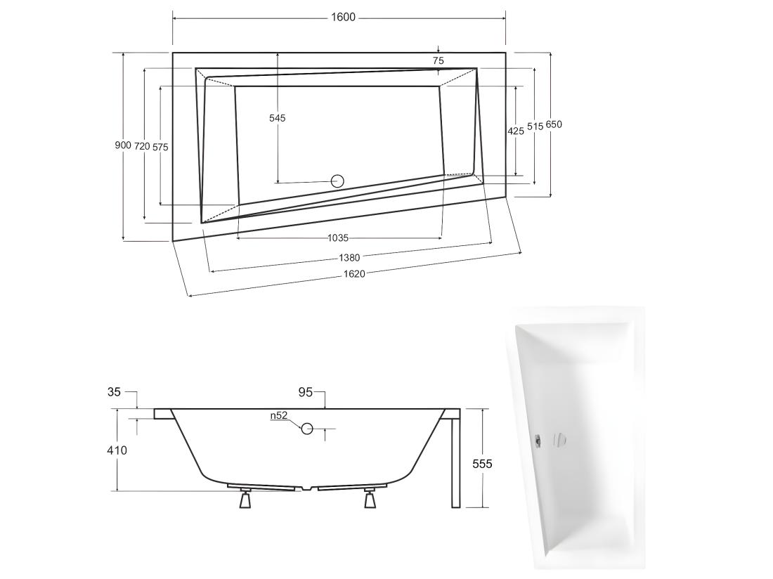 Vente Unique Baignoire Asymétrique + Tablier Blanc + Repose Tête - INTIMA - 160 X 90 Cm - Gauche