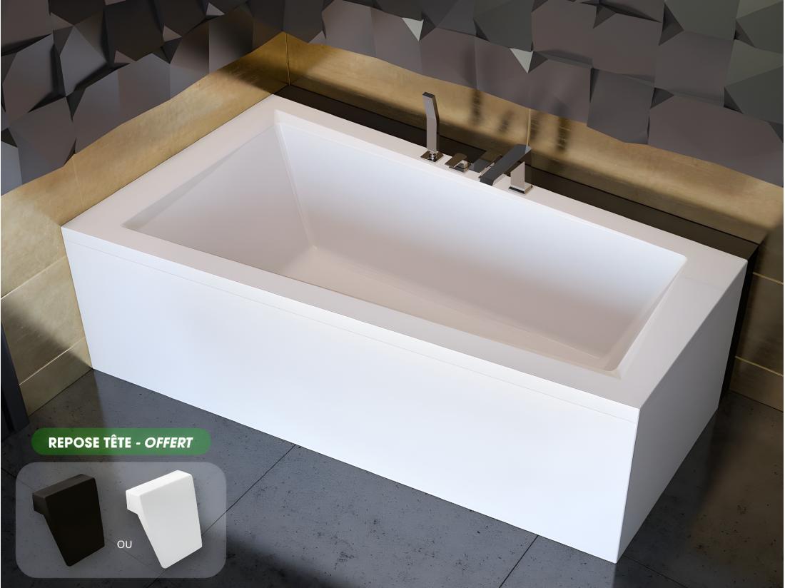 vente unique Baignoire asymétrique + tablier blanc + repose tête - INTIMA - 160 x 90 cm - Gauche