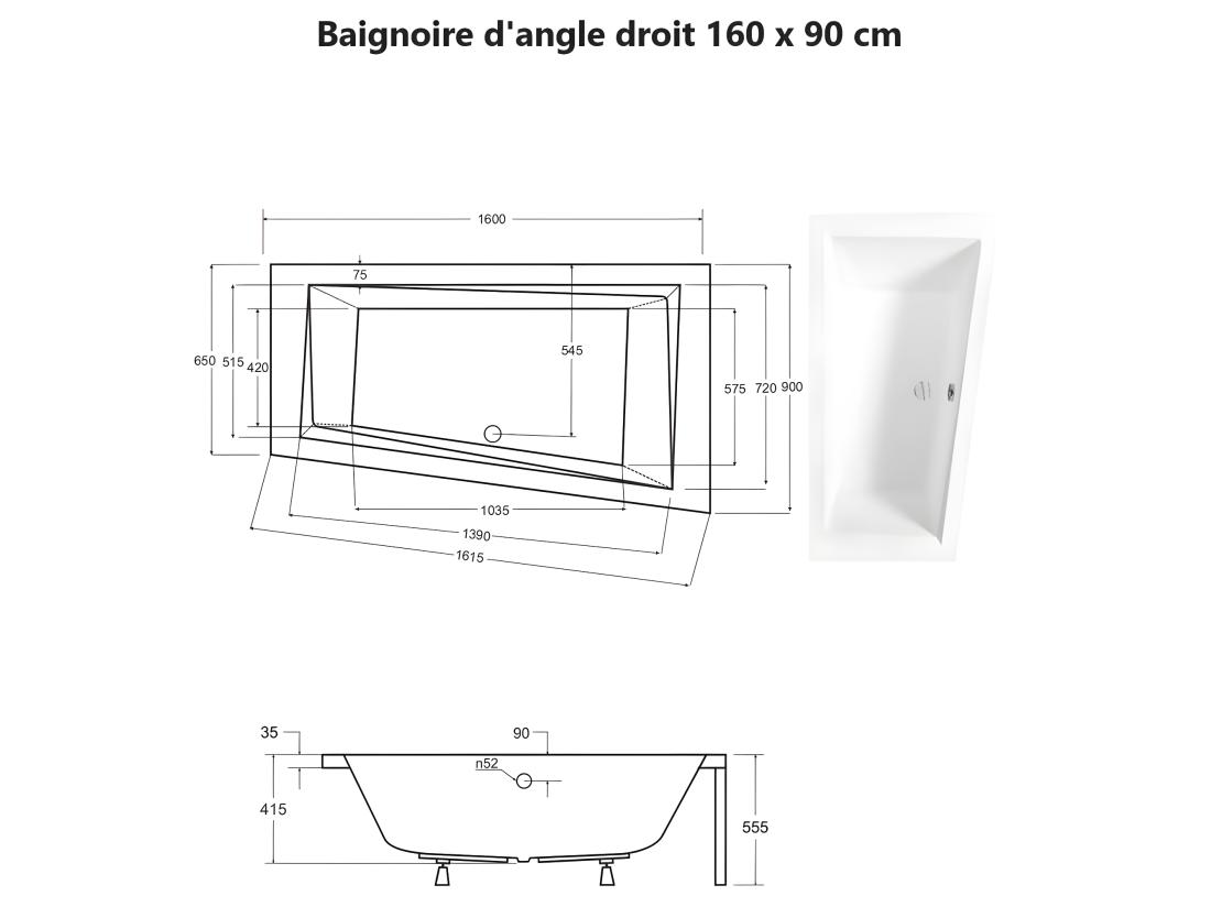 Vente Unique Baignoire Asymétrique + Tablier Noir + Repose Tête - INTIMA - 160 X 90 Cm - Droite