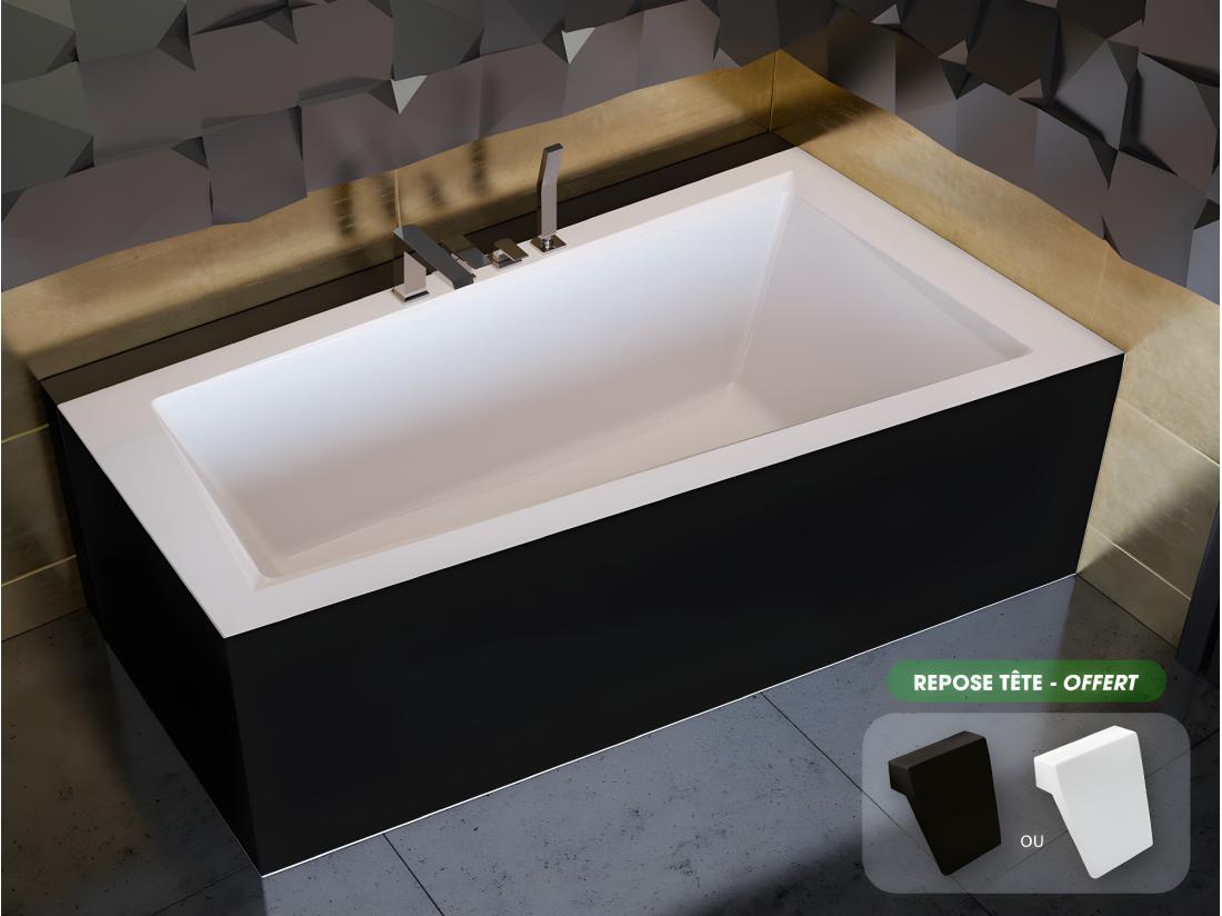 vente unique Baignoire asymétrique + tablier noir + repose tête - INTIMA - 160 x 90 cm - Droite