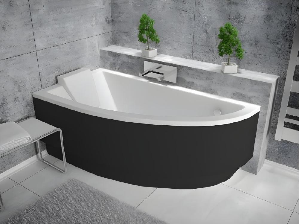 Vente Unique Baignoire Asymétrique + Tablier Noir + Repose Tête - PRAKTIKA - 150 X 70 Cm - Gauche