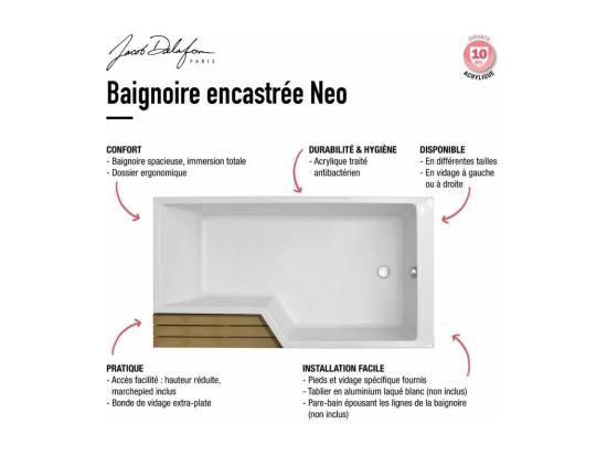 Vente Unique Baignoire Bain Douche 170 X 90 Cm JACOB DELAFON Neo Blanc Brillant Gauche