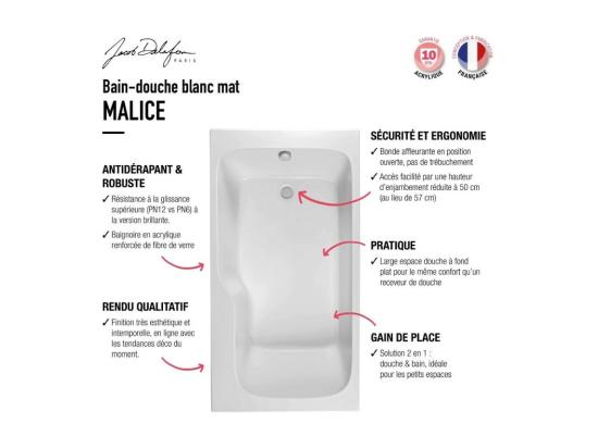 Vente Unique Baignoire Bain Douche JACOB DELAFON Malice Antidérapante Version Droite 170x90 Cm Blanc Mat