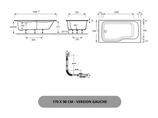 Vente Unique Baignoire Bain Douche JACOB DELAFON Malice + Tablier Baignoire + Pare Bain + étagère 170 X 90 V. Gauche