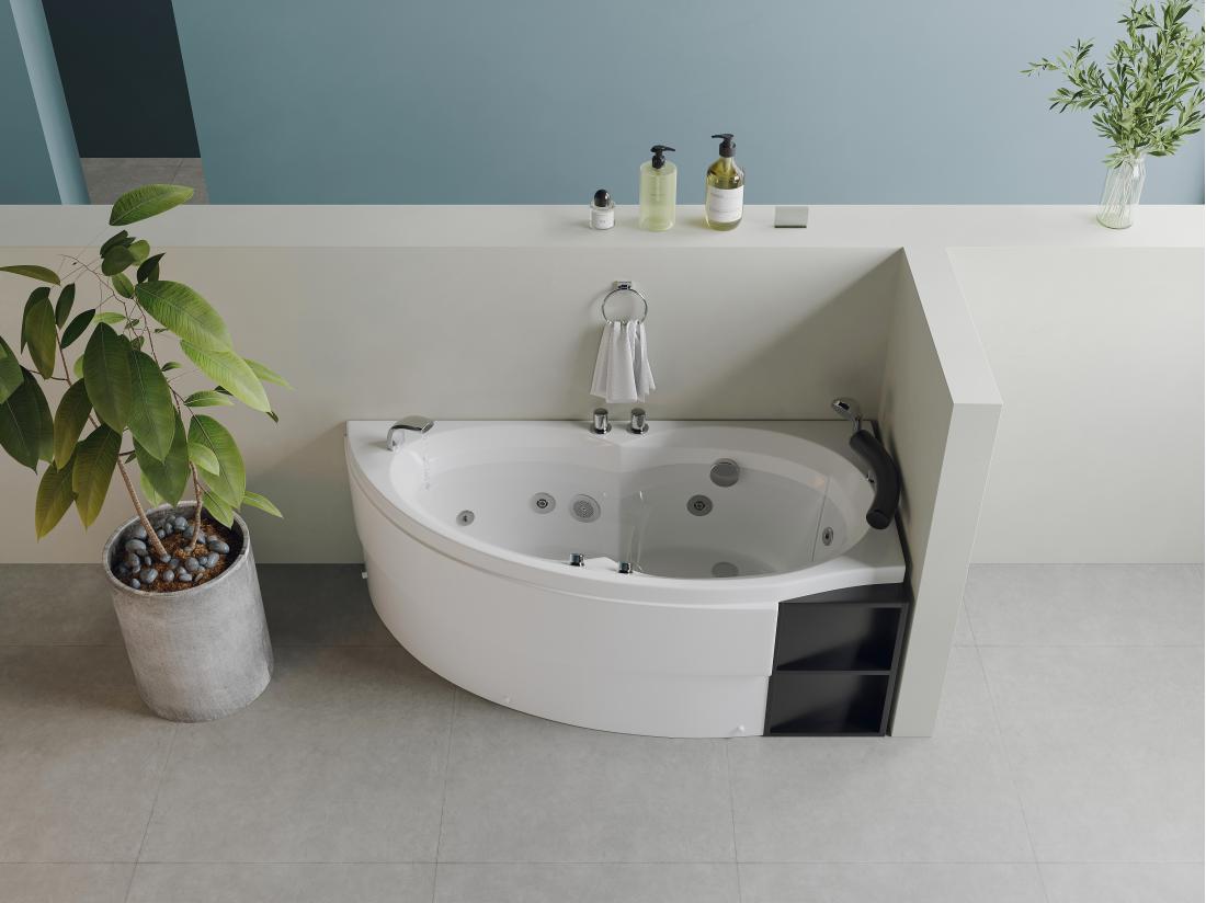 vente unique Baignoire balnéo asymétrique blanche avec niches - 1 place - 150 x 100 cm - Angle droit - LUANA