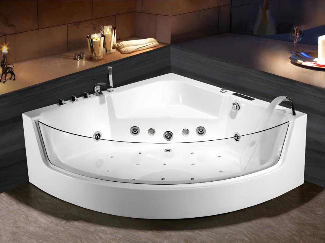 vente unique Baignoire balnéo d'angle vitrée ETHRA - 1 place - 255 L - 150*150*57cm - Blanche