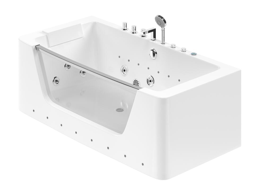 Vente Unique Baignoire Balnéo Vitrée Semi-îlot à Leds DYONA - 1 Place - 260L - 170*85*58cm - Blanche