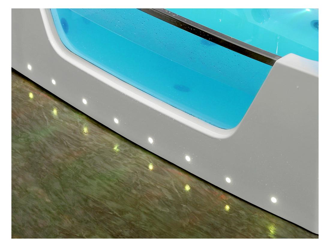Vente Unique Baignoire Balnéo Vitrée Semi-îlot à Leds DYONA - 1 Place - 260L - 170*85*58cm - Blanche
