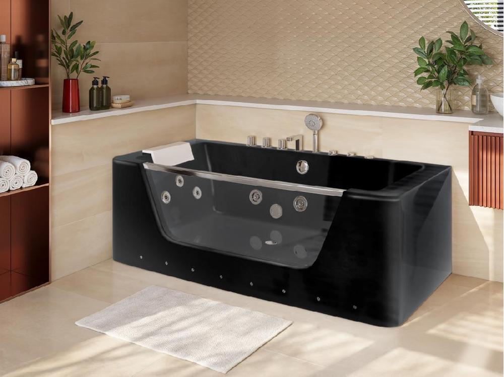 Vente Unique Baignoire Balnéo Vitrée Semi-îlot à Leds DYONA - 1 Place - 260L - 170*85*58cm - Noir Brillant