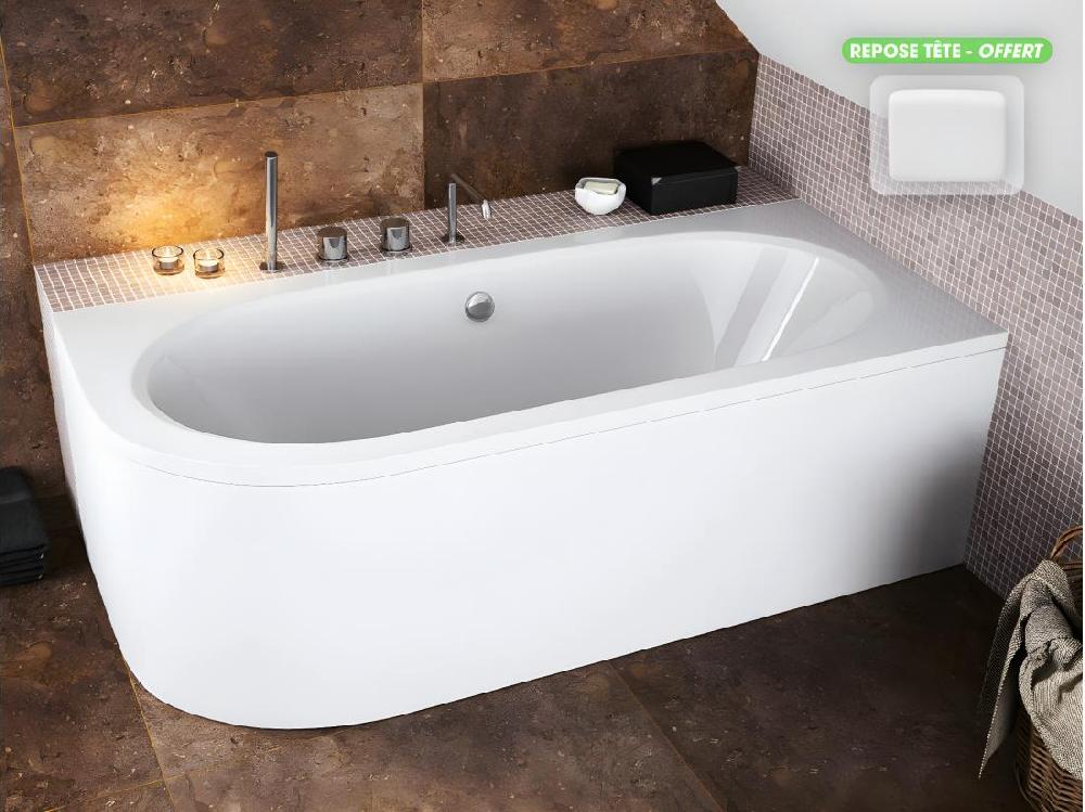 Vente Unique Baignoire D'angle - Avec Tablier Blanc Et Repose Tête Offert