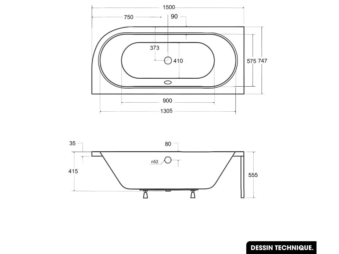 Vente Unique Baignoire D'angle - Avec Tablier Noir Mat Et Repose Tête Offert