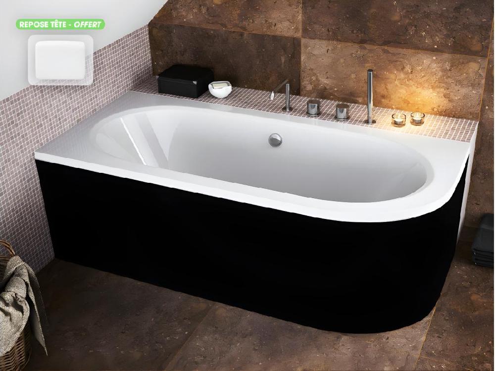 Vente Unique Baignoire D'angle - Avec Tablier Noir Mat Et Repose Tête Offert