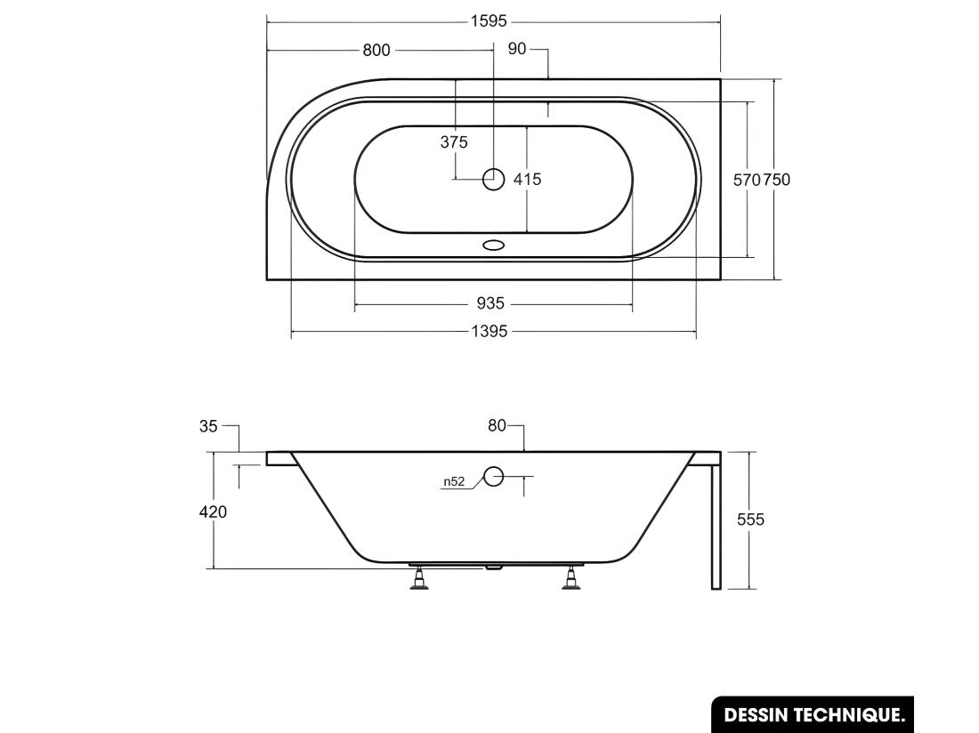 Vente Unique Baignoire D'angle - Avec Tablier Noir Mat Et Repose Tête Offert