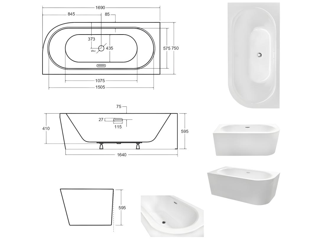 Vente Unique Baignoire D'angle Blanc + Siphon Doré Et Vidage Inclus + Repose Tête - AVITA S CLASSE - GAUCHE - 170 X 75 Cm
