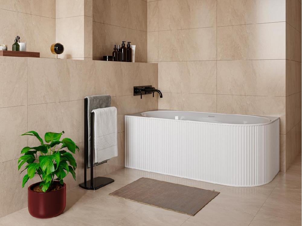 vente unique Baignoire d'angle striée - 215L - 150 x 75 x 58 cm - Blanc mat - Acrylique - Angle gauche - BARBORI