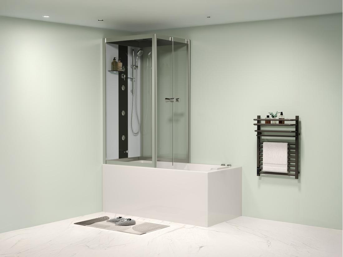 vente unique Baignoire douche balnéo - Profilés gris foncé - L150 x P75 x H215 cm - 30 microjets et 6 gros jets - DARIA
