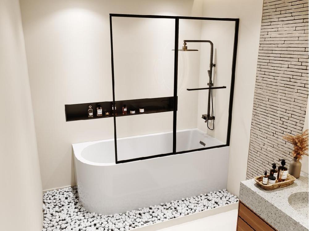 Vente Unique Baignoire Douche Blanche Avec Pare Baignoire Coulissant - 240 L - Angle Droit - ANIKA
