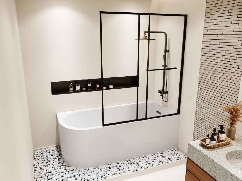 vente unique Baignoire douche blanche avec pare baignoire coulissant - 240 L - Angle droit - ANIKA