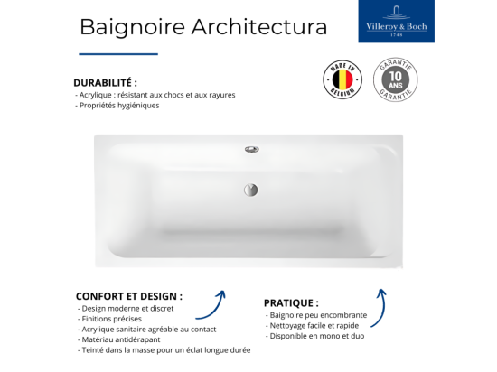 Vente Unique Baignoire Droite 150 X 70 VILLEROY ET BOCH Architectura Acrylique