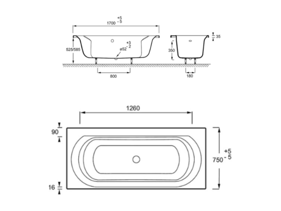 Vente Unique Baignoire Droite JACOB DELAFON Elise Deux Places Acrylique 170 X 75