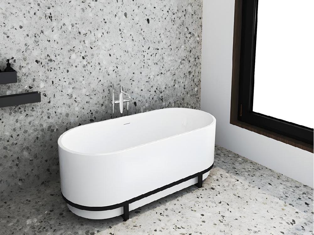vente unique Baignoire îlot ovale avec décor métal - 230 L - 160 x 74 x 60 cm - Blanche - Acrylique - PLECO