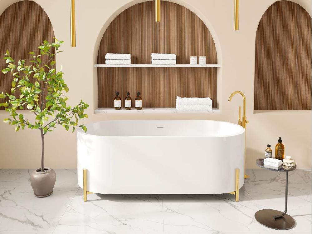 vente unique Baignoire îlot ovale blanche avec pieds dorés - 160 x 73 5 x 59 cm - ALONSA