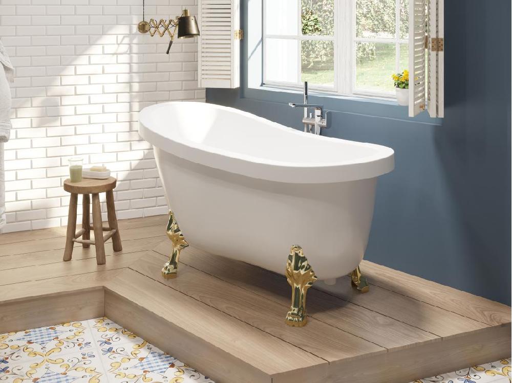 vente unique Baignoire îlot rétro avec pieds de lion dorés - 200 L - 145 x 74 x 77 cm - Blanche - NISOS II