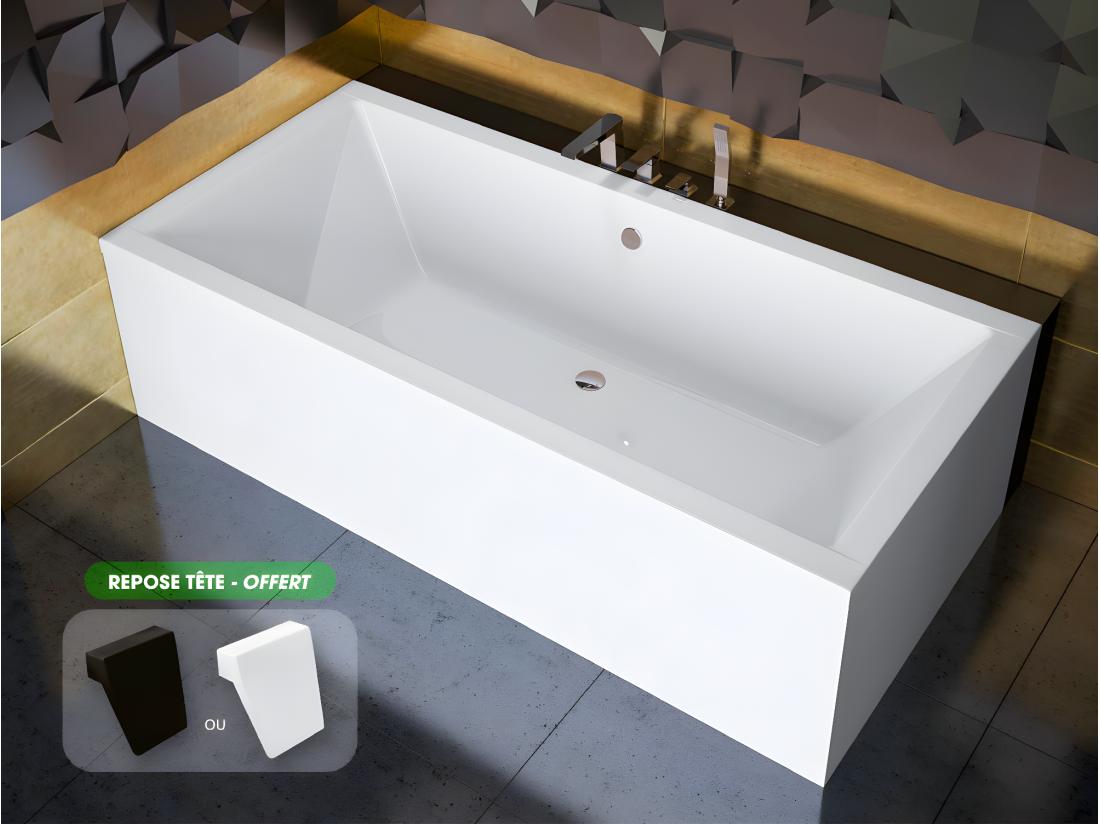 Vente Unique Baignoire Rectangulaire - Avec Tablier Blanc Et Repose Tête OFFERT