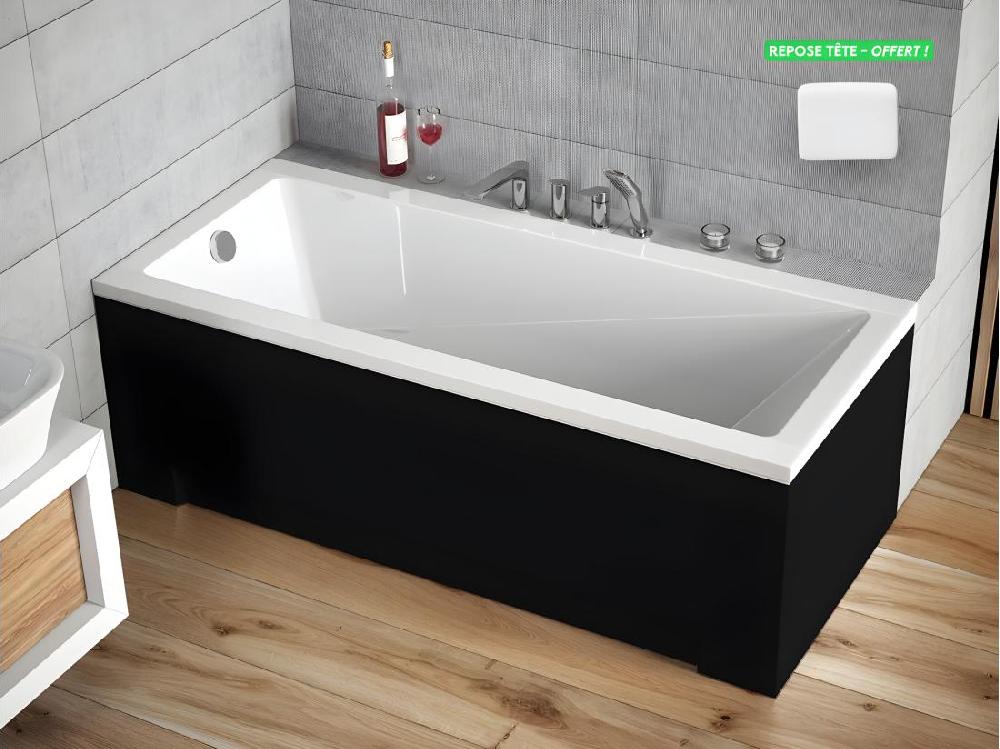 vente unique Baignoire rectangulaire - avec Tablier Noir Mat et Repose Tête OFFERT