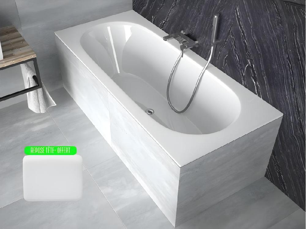 Vente Unique Baignoire Rectangulaire Blanche à Encastrer + Repose Tête - 170 X 75 Cm - VITAE SLIM