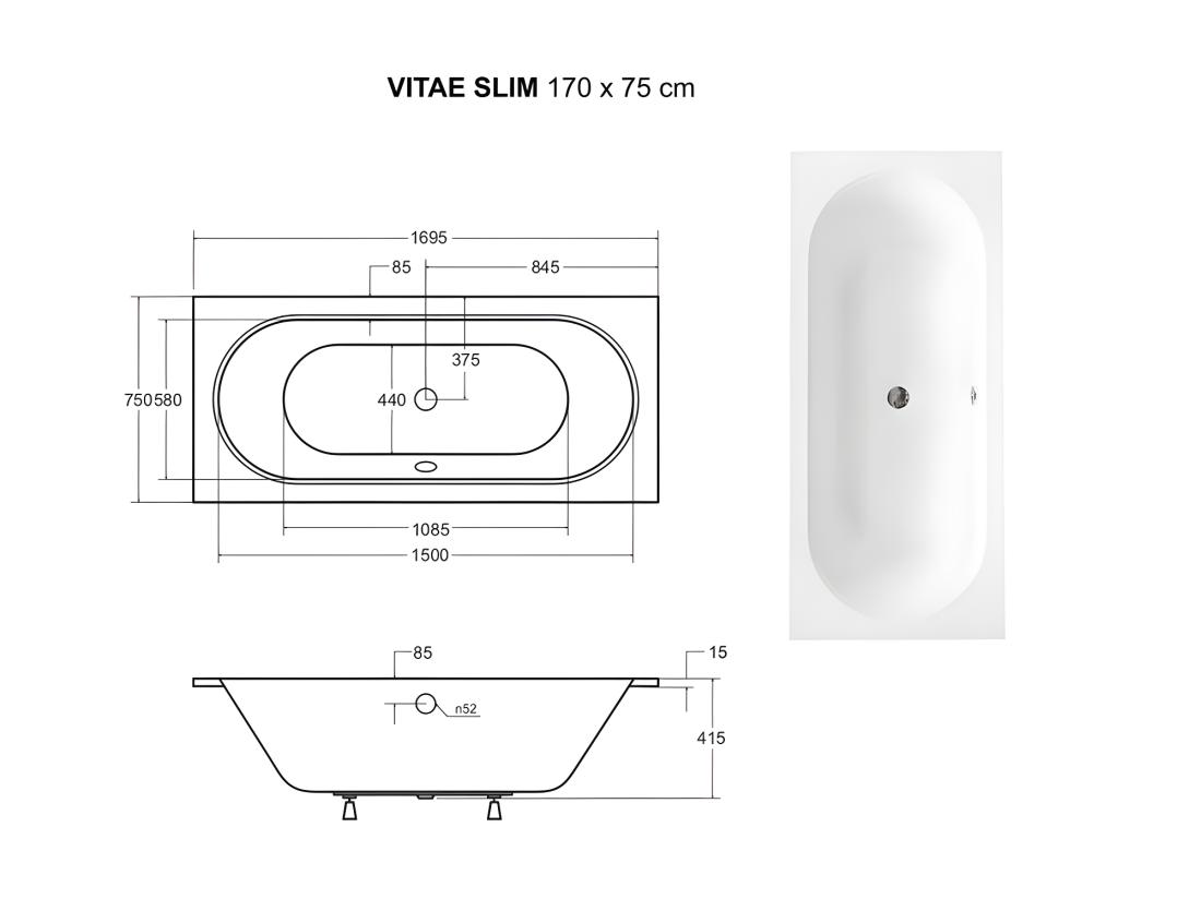 Vente Unique Baignoire Rectangulaire Blanche à Encastrer + Repose Tête - 170 X 75 Cm - VITAE SLIM