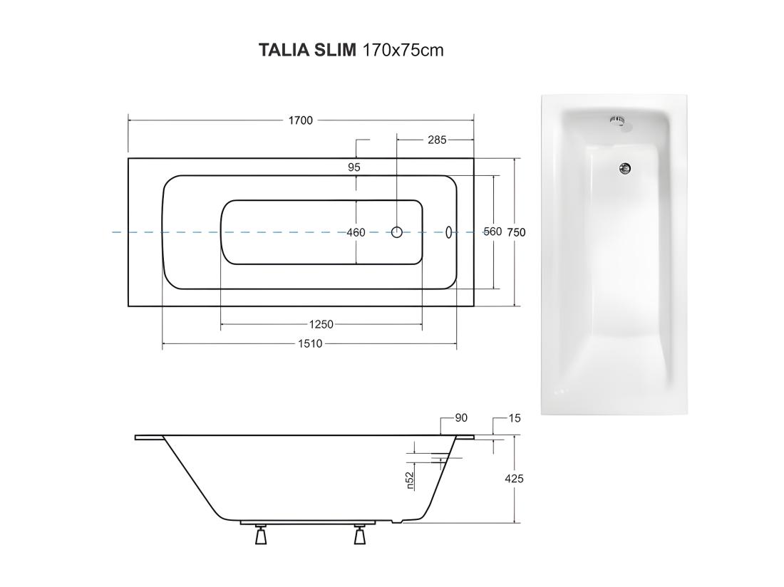Vente Unique Baignoire Rectangulaire Blanche à Encastrer + Repose Tête - 170 X 75 Cm - TALIA SLIM