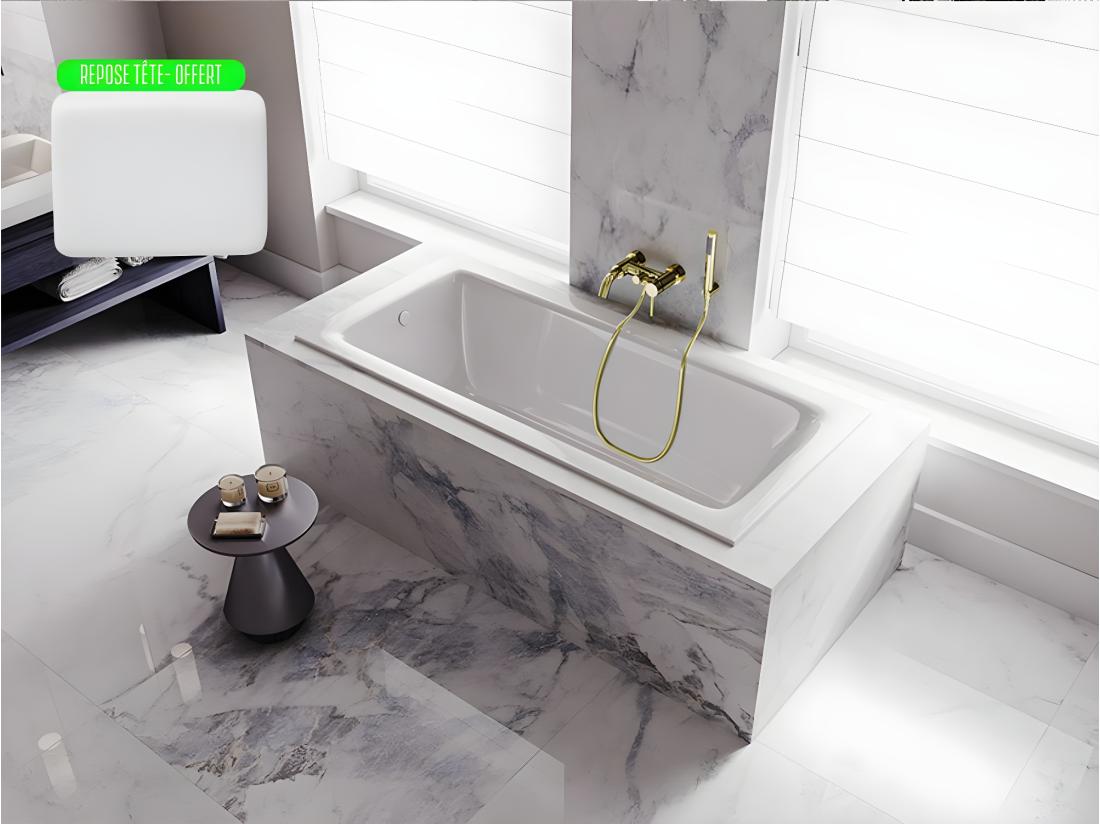 vente unique Baignoire rectangulaire blanche à encastrer + repose tête - 170 x 75 cm - TALIA SLIM