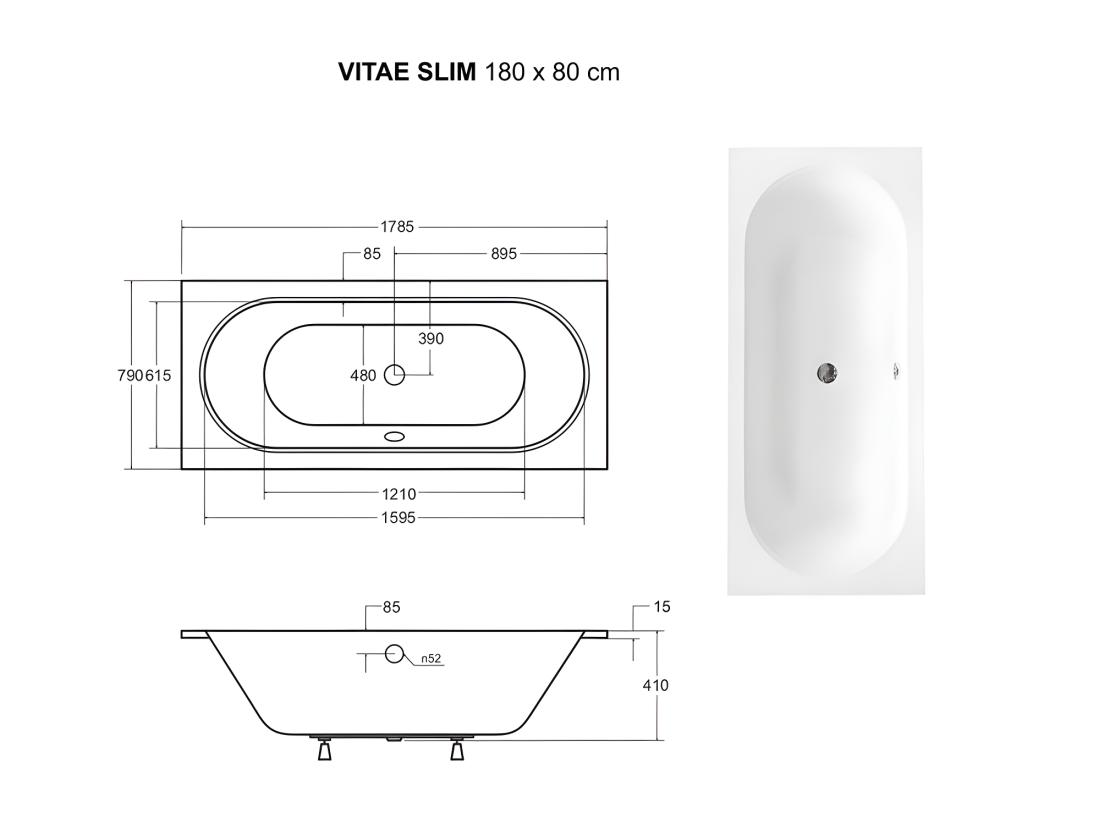 Vente Unique Baignoire Rectangulaire Blanche à Encastrer + Repose Tête - 180 X 80 Cm - VITAE SLIM