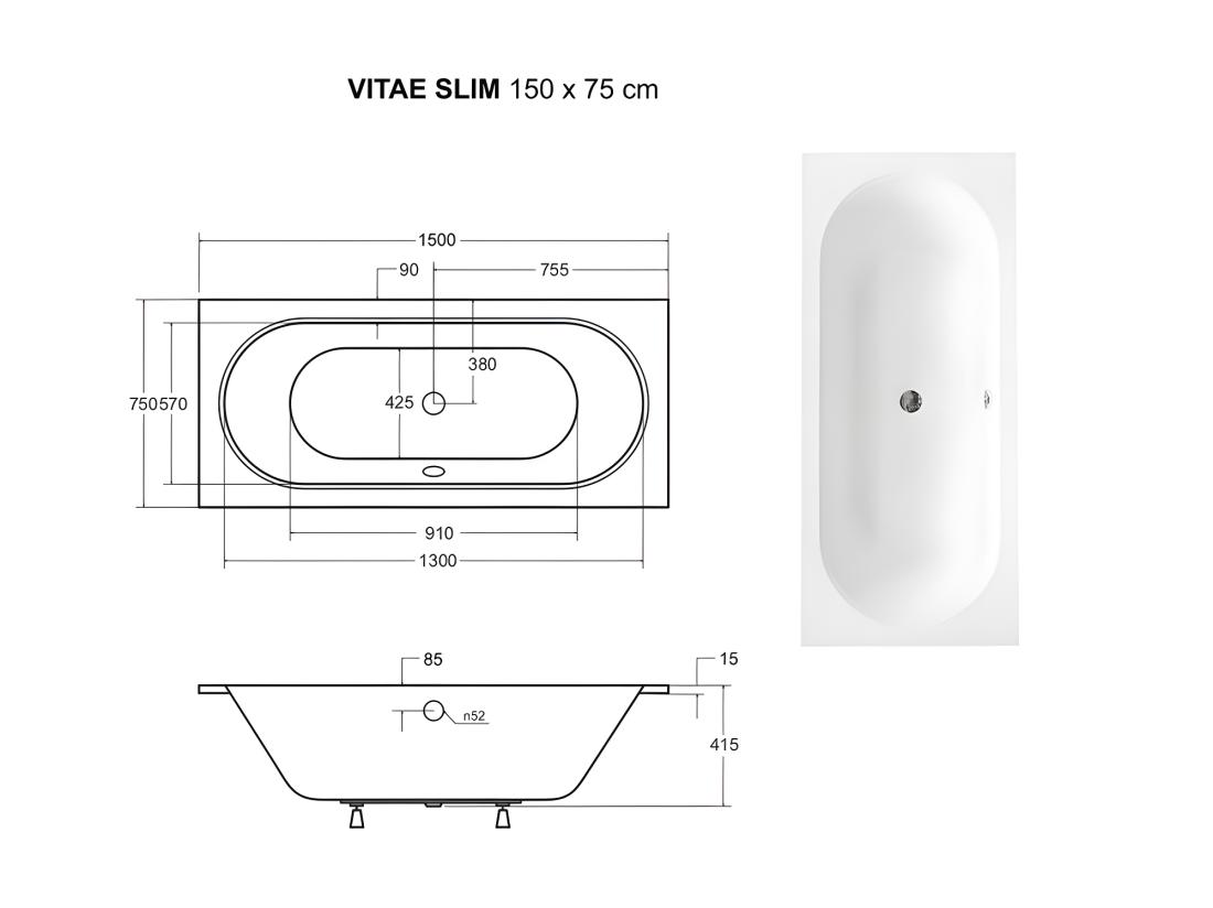 Vente Unique Baignoire Rectangulaire Blanche à Encastrer + Repose Tête - 150 X 75 Cm - VITAE SLIM