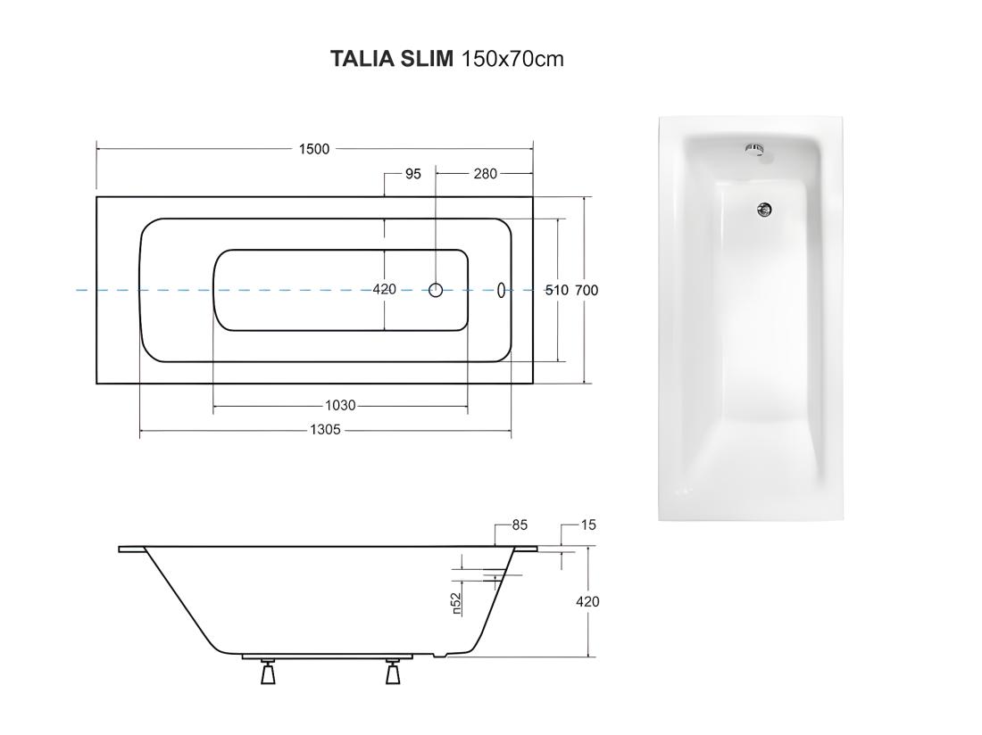 Vente Unique Baignoire Rectangulaire Blanche à Encastrer + Repose Tête - 150 X 70 Cm - TALIA SLIM