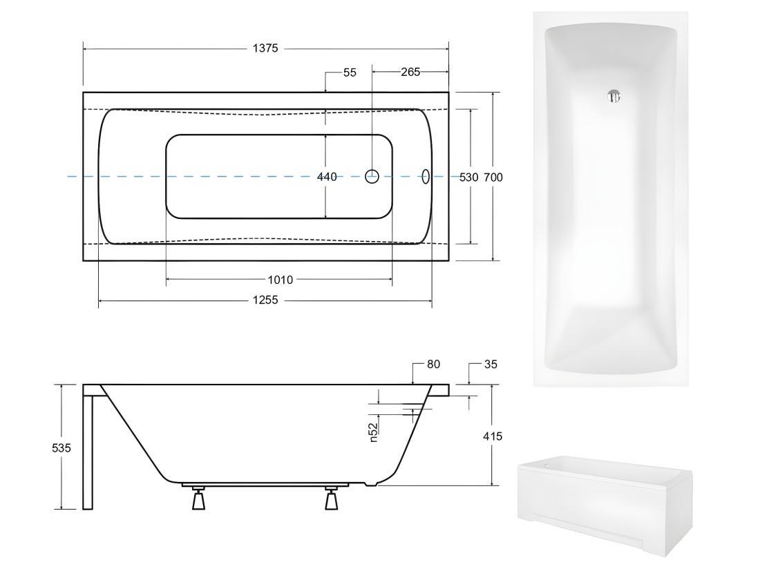 Vente Unique Baignoire Rectangulaire + Tablier Blanc + Repose Tête - OPTIMA - 140 X 70 Cm