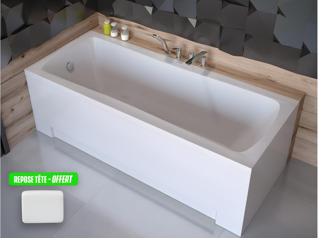 Vente Unique Baignoire Rectangulaire + Tablier Blanc + Repose Tête - OPTIMA - 160 X 70 Cm