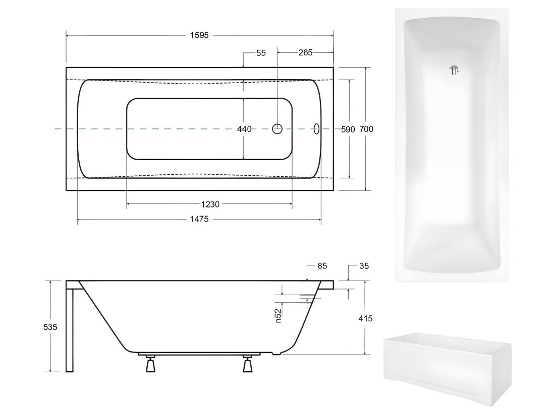 vente unique Baignoire rectangulaire + tablier blanc + repose tête - OPTIMA - 160 x 70 cm