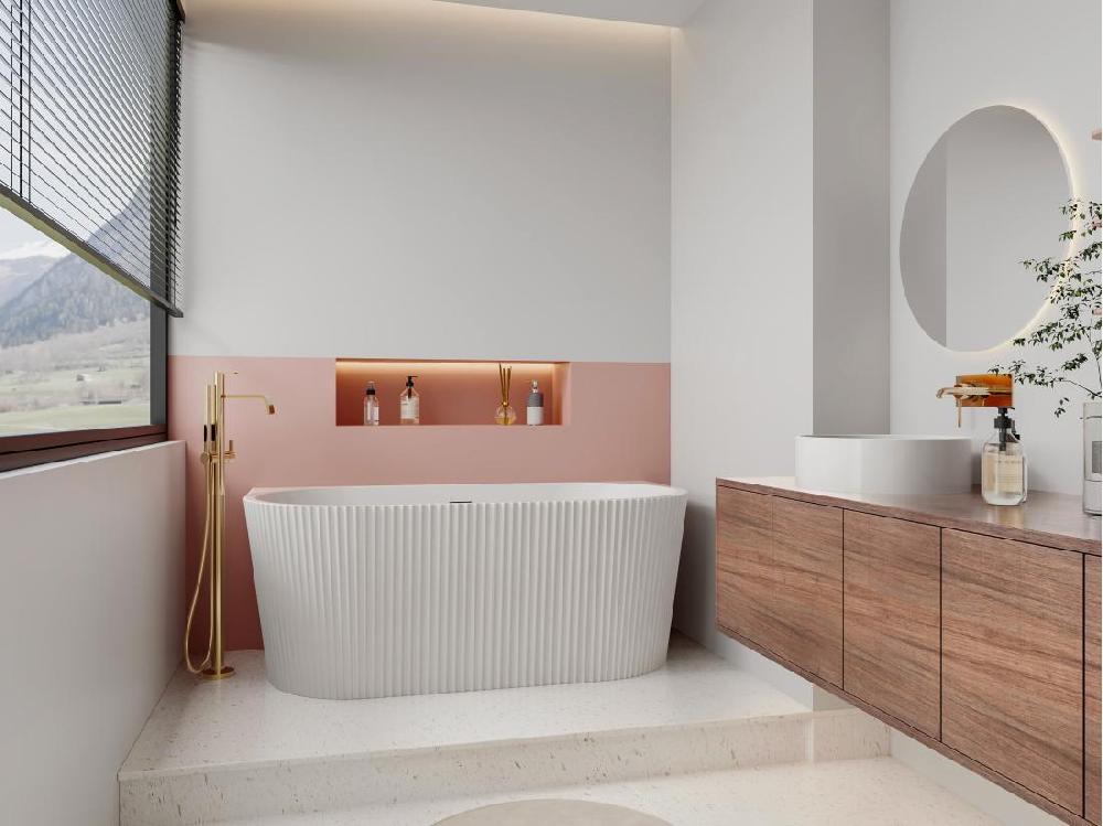 vente unique Baignoire semi îlot striée - 250 L - 170 5 x 80 x 58 5 cm - Blanc brillant - Acrylique - ZELINA