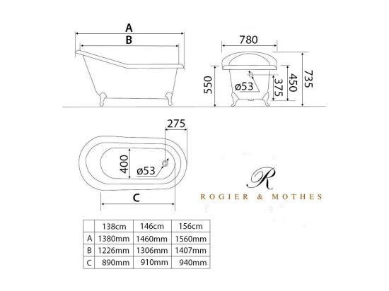 Vente Unique Baignoire Sur Pieds En Fonte Petite Taille ASHFORD Blanche 138 Cm Pieds Chromés