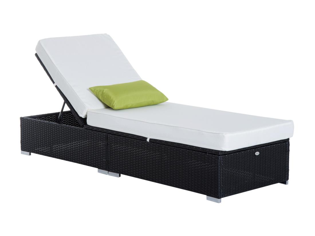 Vente Unique Bain De Soleil Transat Grand Confort 195L X 68l X 31H Cm Dossier Inclinable Multi-positions Matelas épaisseur 10 Cm Crème Résine Tressée 4 Fils Noir
